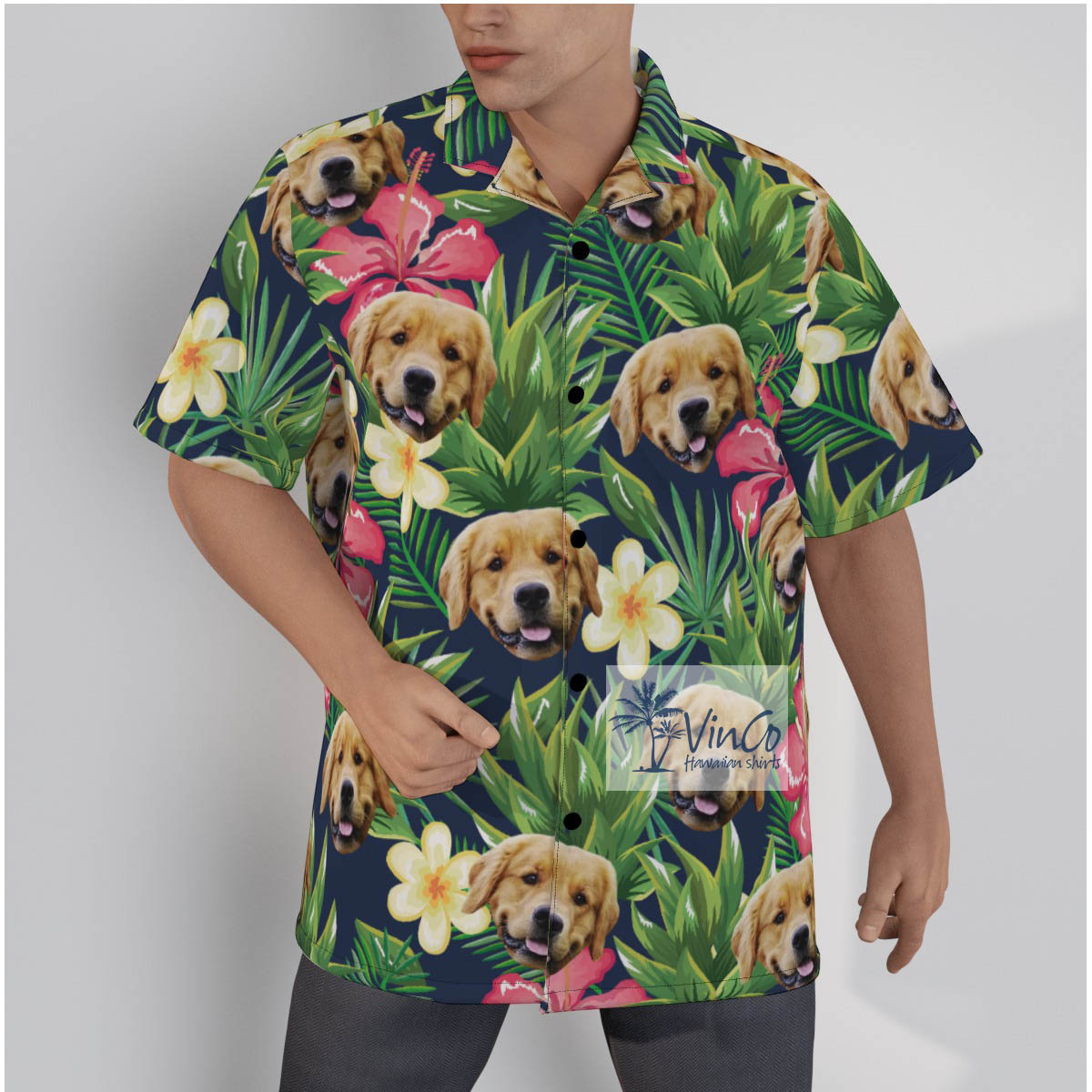 Tropical Hibiscus Custom Dog Face Men's Hawaiian Shirt - variant image 1