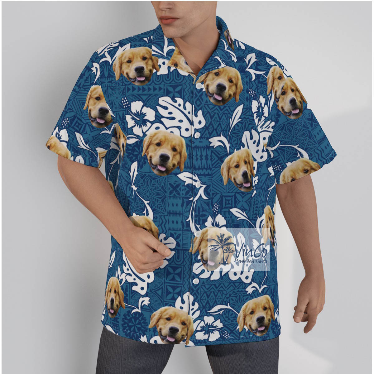 Vintage Hibiscus Blue Hawaiian Shirt With Custom Dog Face - variant image 1