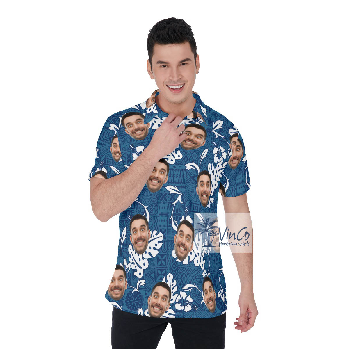 Funny Vintage Navy Hawaiian Polo Shirt With Custom Face - variant image 1