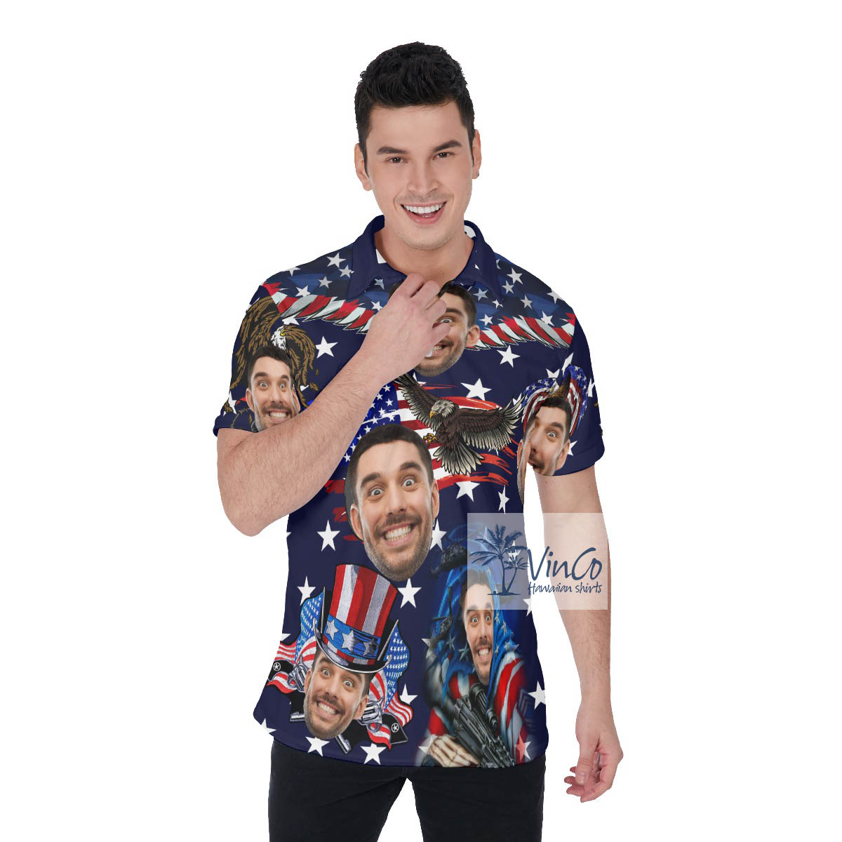American Eagles Custom Face Patriotic Hawaiian Polo Shirt - variant image 1