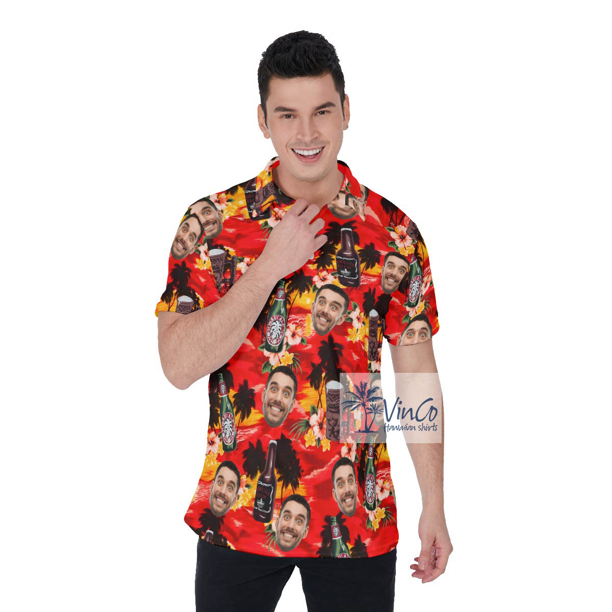 Tropical Sunset Beach Beer Hawaiian Polo Shirt With Custom Face - variant image 1