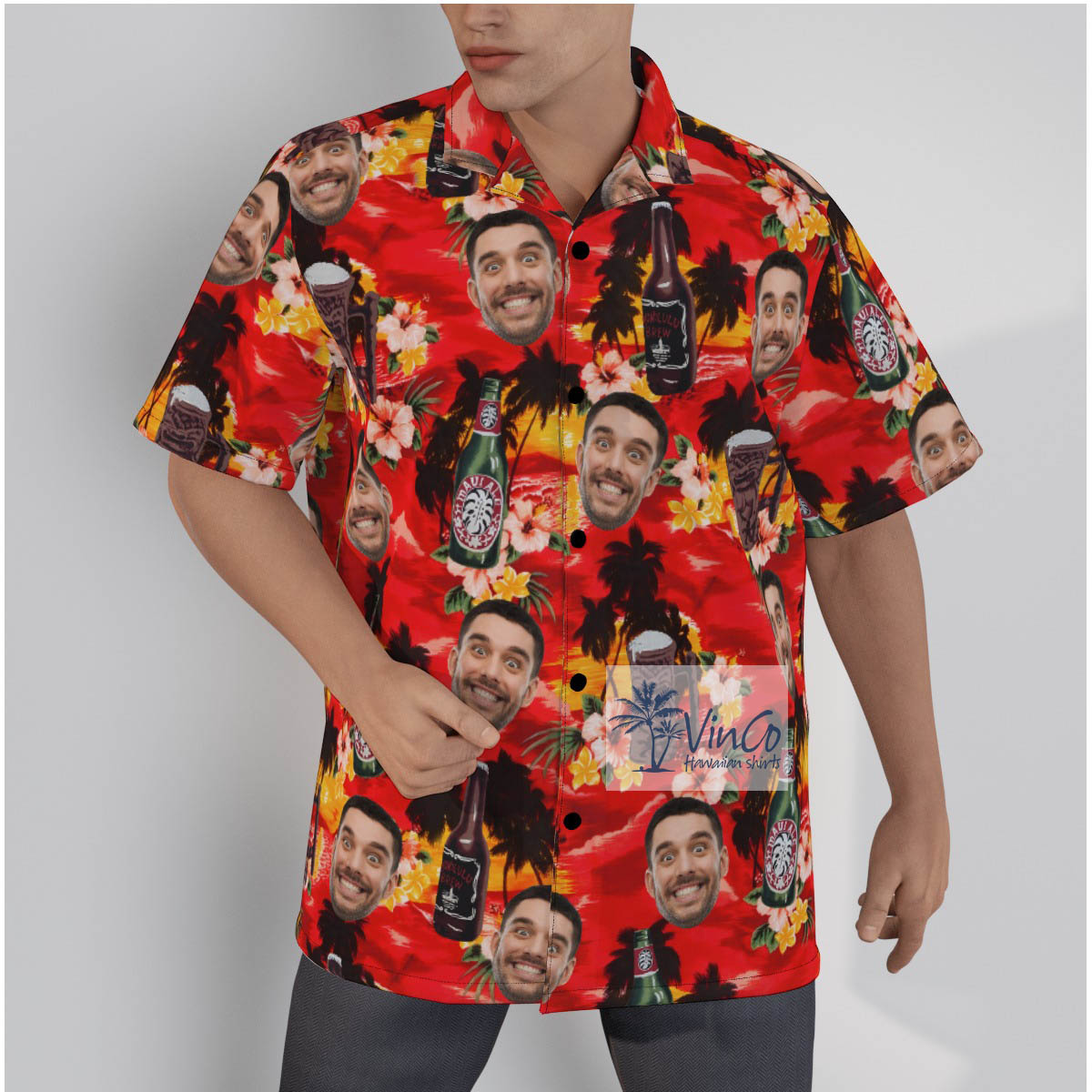 Funny Custom Face Vintage Beer Sunset Beach Hawaiian Shirt - variant image 1
