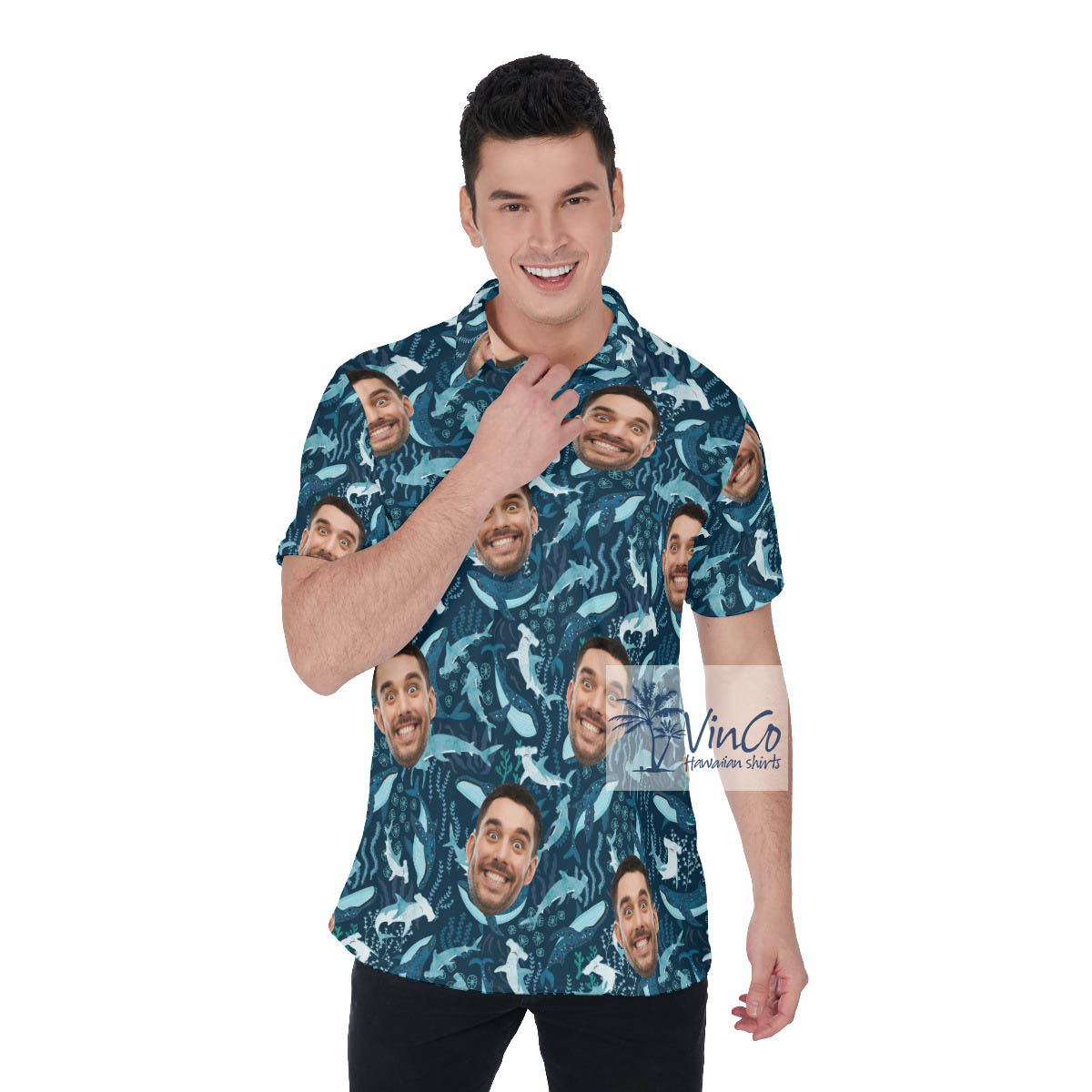 Custom Face Sharks Hawaiian Polo Shirt For Men - variant image 1