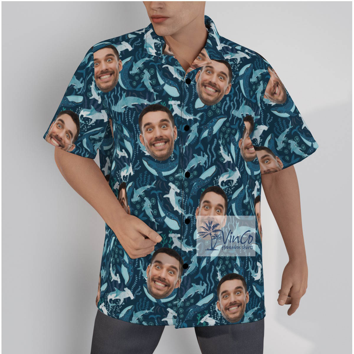 Funny Custom Face Hammerhead Sharks Navy Hawaiian Shirt - variant image 1