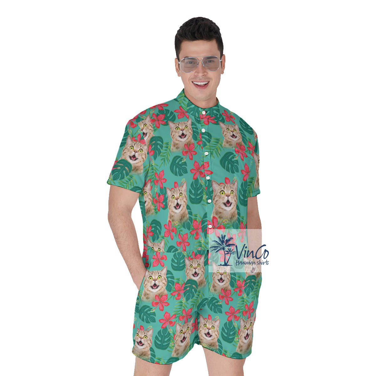 Personalized Custom Cat Faces Hawaiian Romper For Men - variant image 1