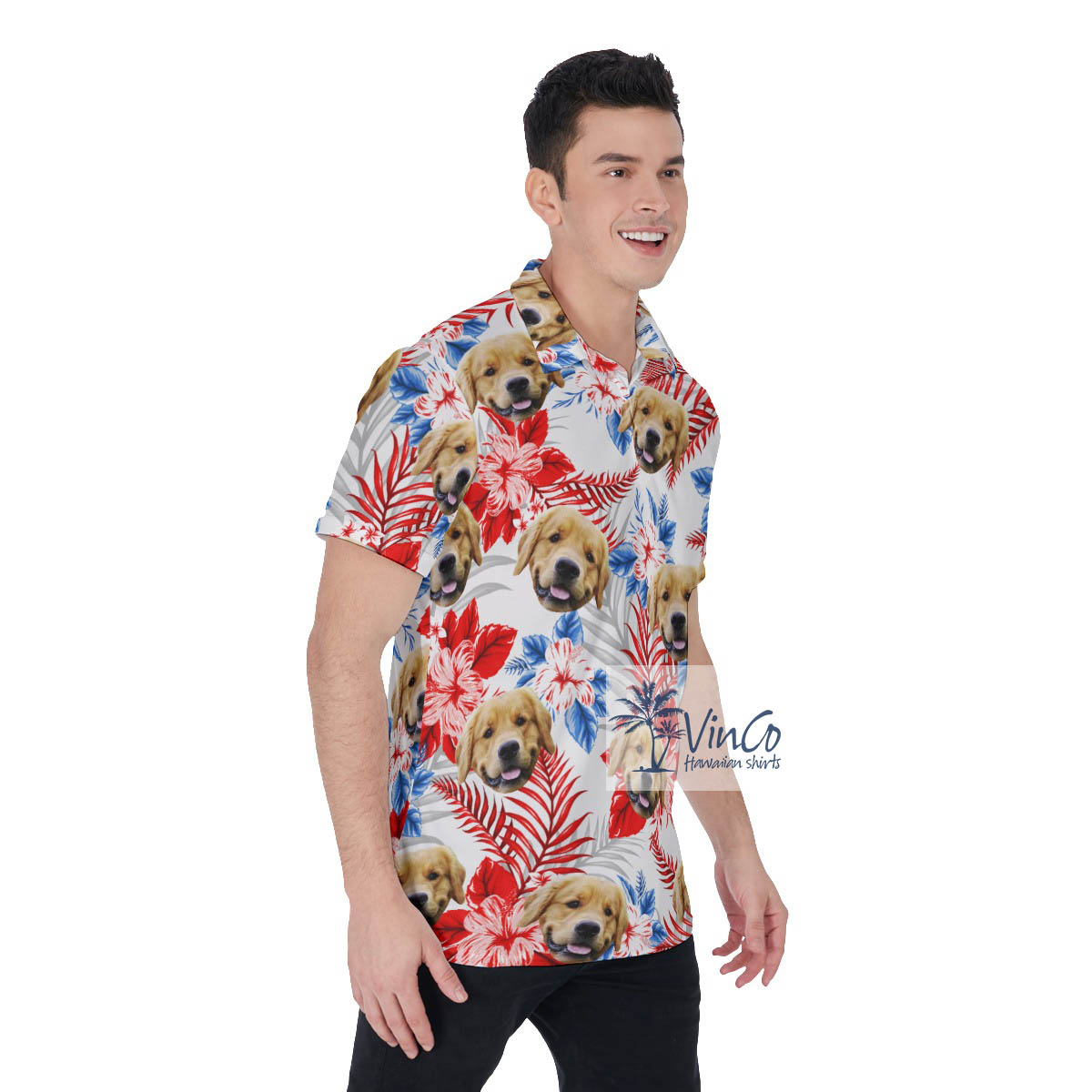 Tropical Hibiscus Hawaiian Polo Shirt With Custom Dog Face