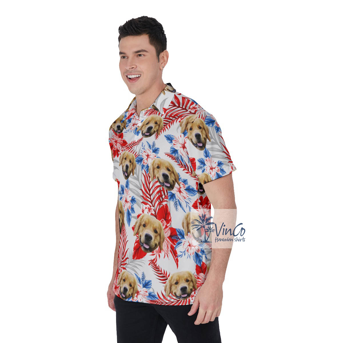 Tropical Hibiscus Hawaiian Polo Shirt With Custom Dog Face