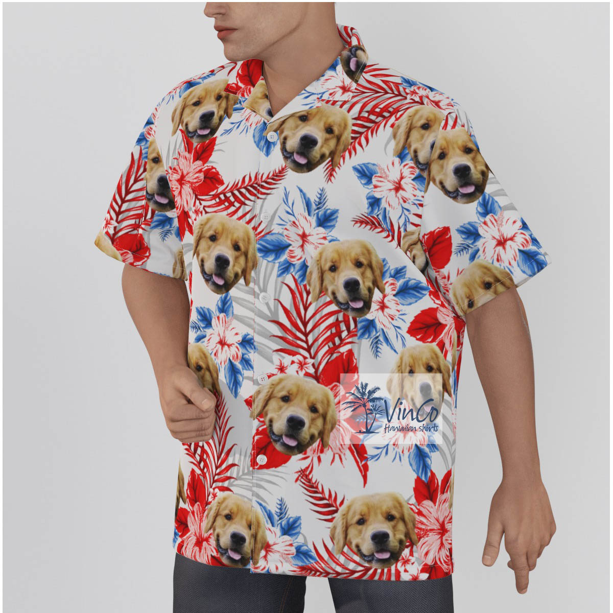 Funny Custom Dog Face Hibiscus Men's Hawaiian Shirt