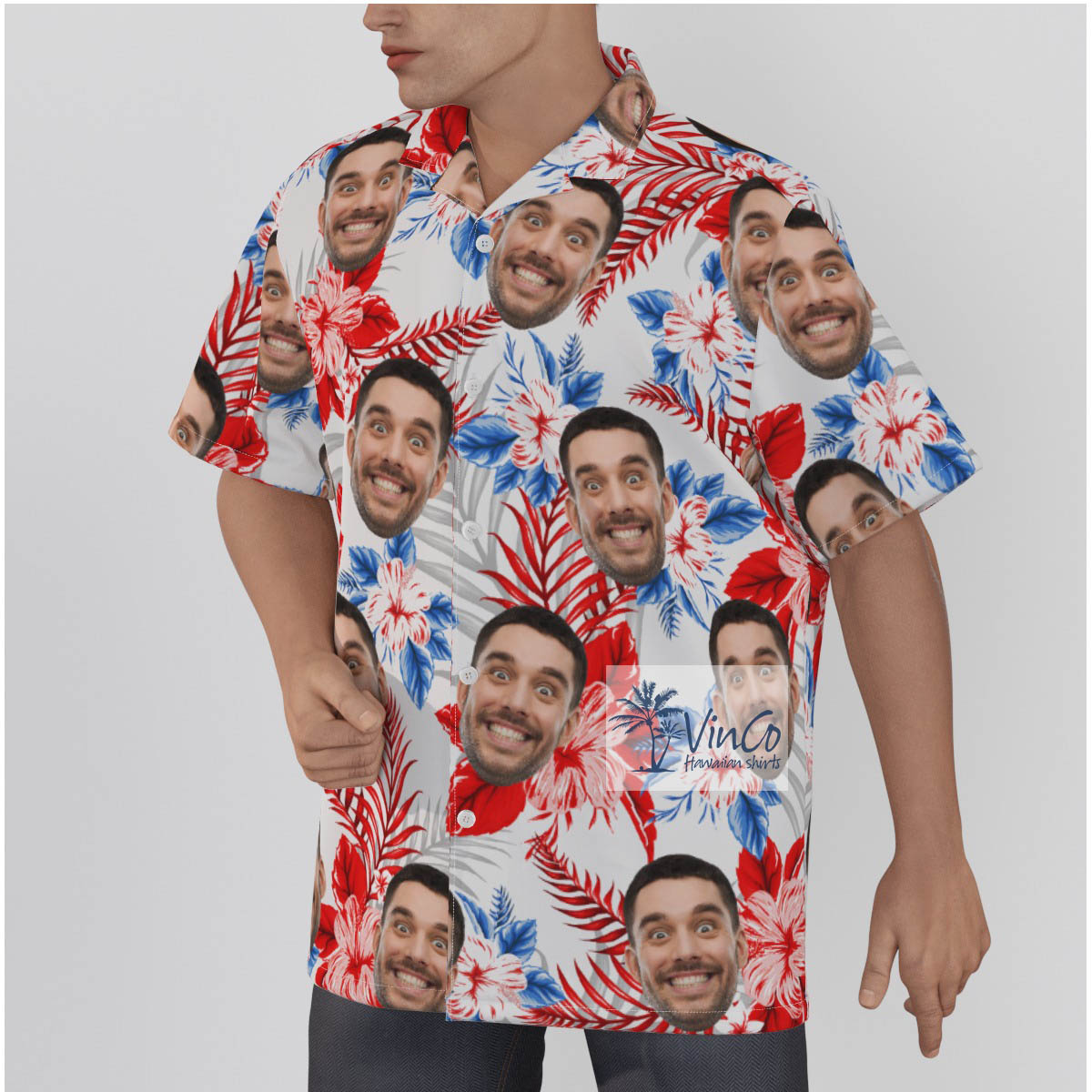Customized Floral Hibiscus Hawaiian Shirt With Face