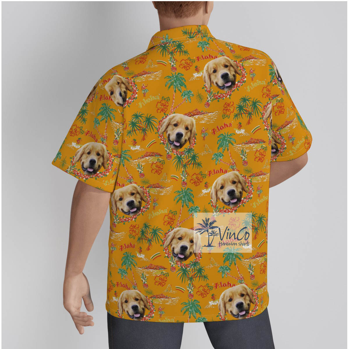 Custom Dog Face Vintage Tropical Island Yellow Hawaiian Shirt