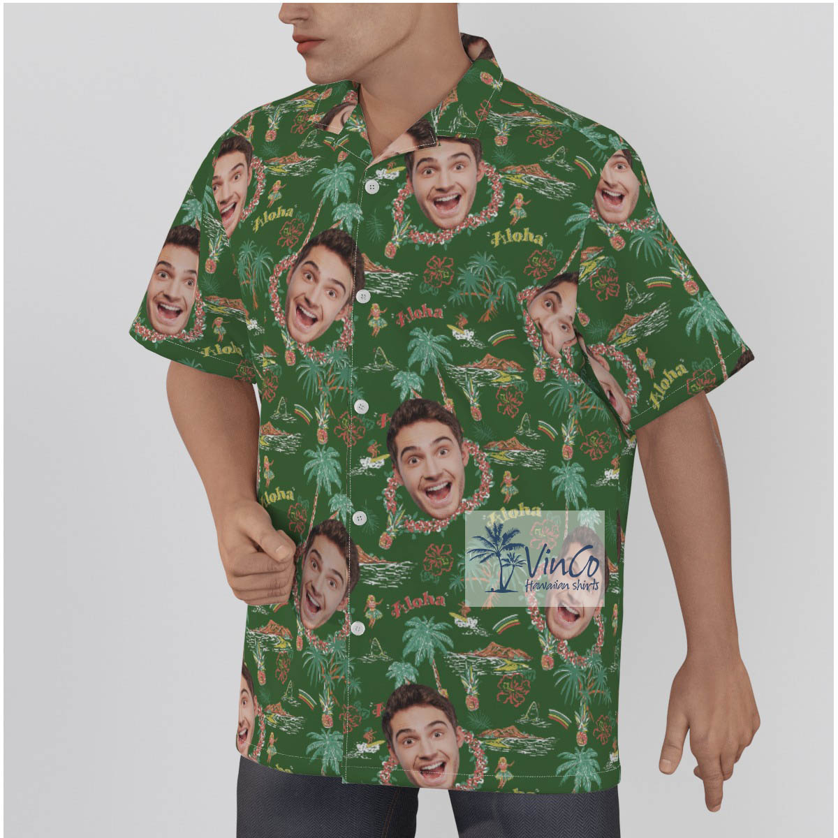 Tropical Island Hula Girl Custom Face Green Hawaiian Shirt