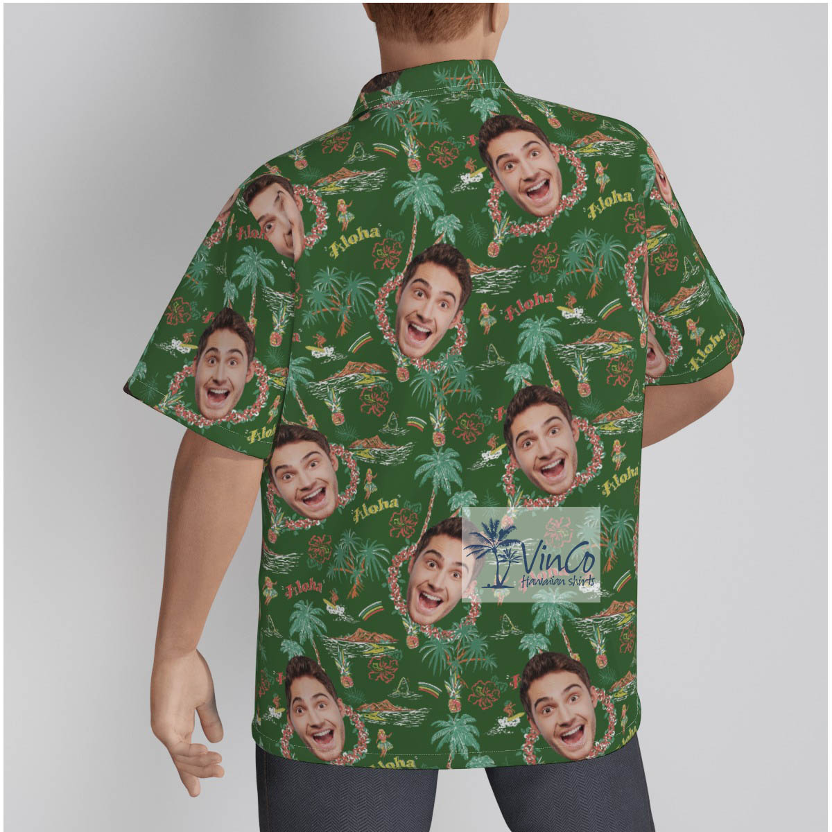 Tropical Island Hula Girl Custom Face Green Hawaiian Shirt