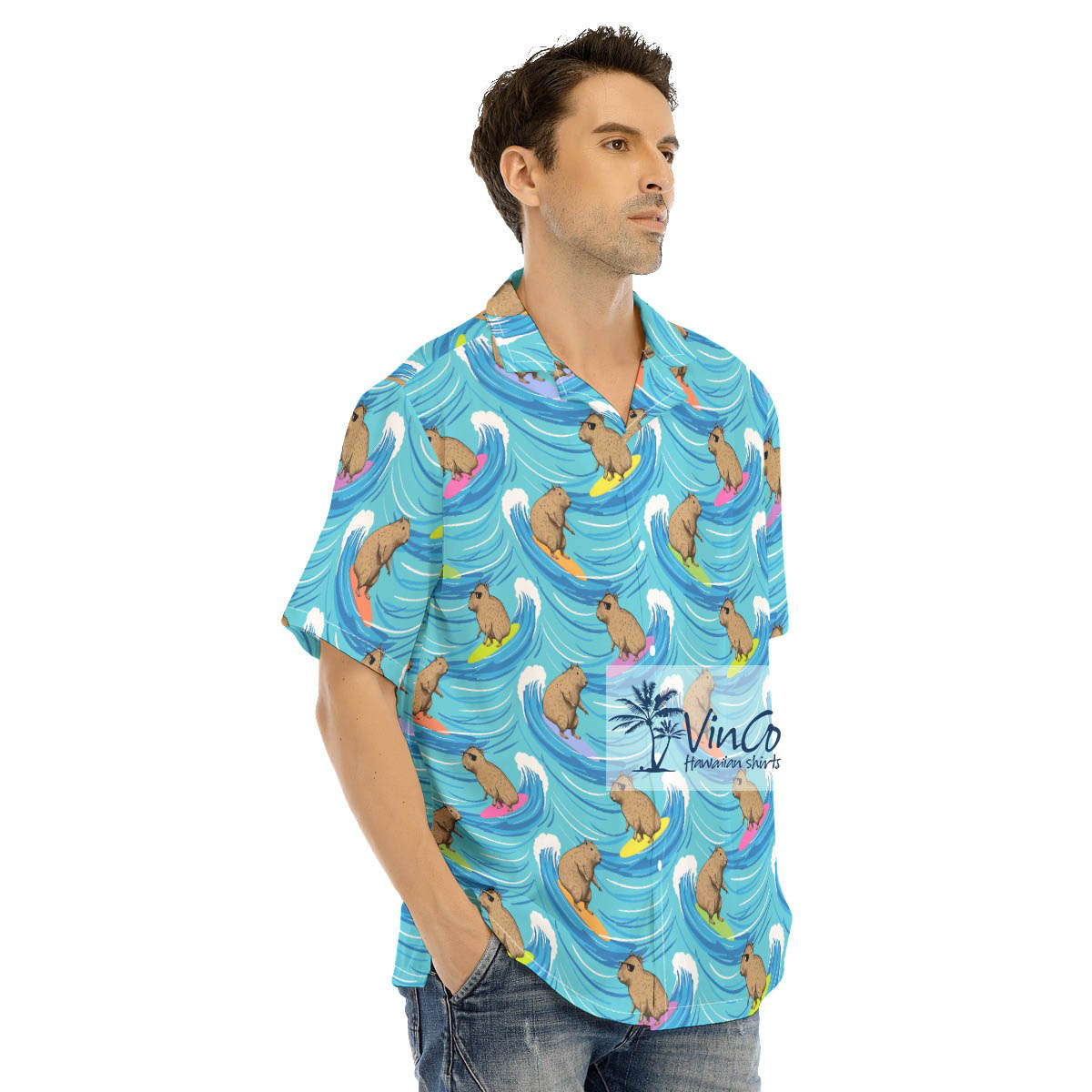 Funny Capybara Surfing Men's Hawaiian Shirt