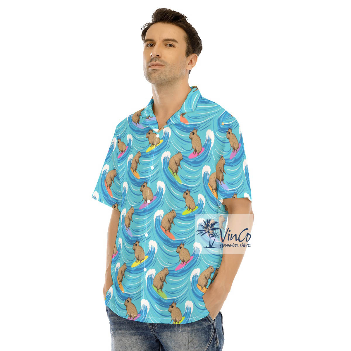 Funny Capybara Surfing Men's Hawaiian Shirt