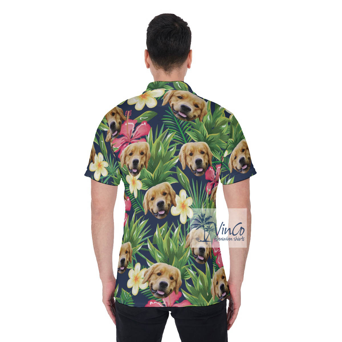 Funny Custom Dog Face Tropical Green Golf Shirt For Men