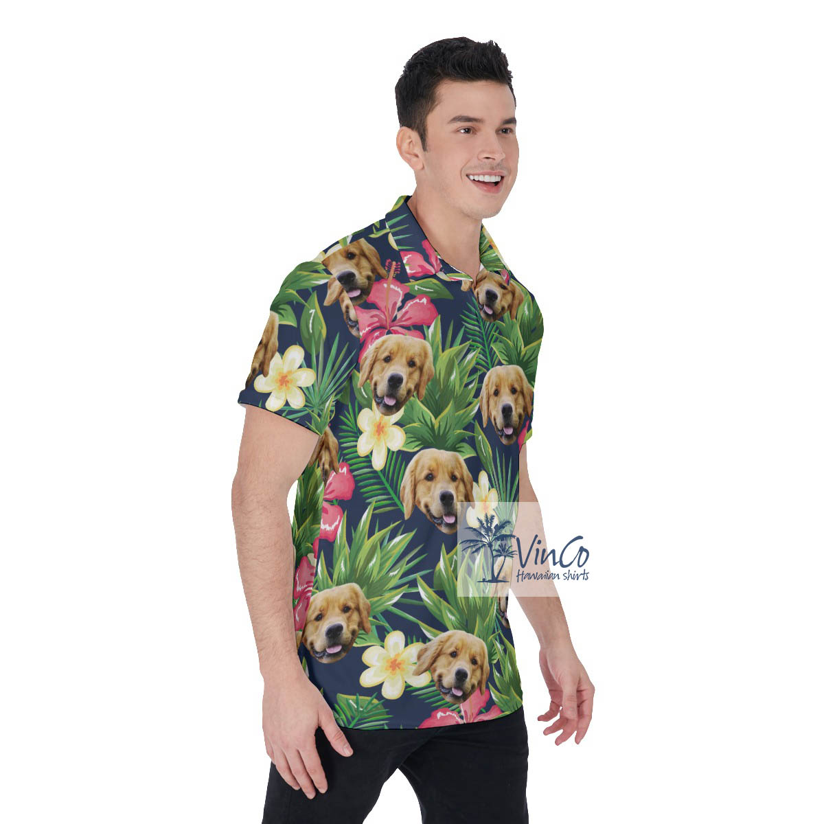 Funny Custom Dog Face Tropical Green Golf Shirt For Men