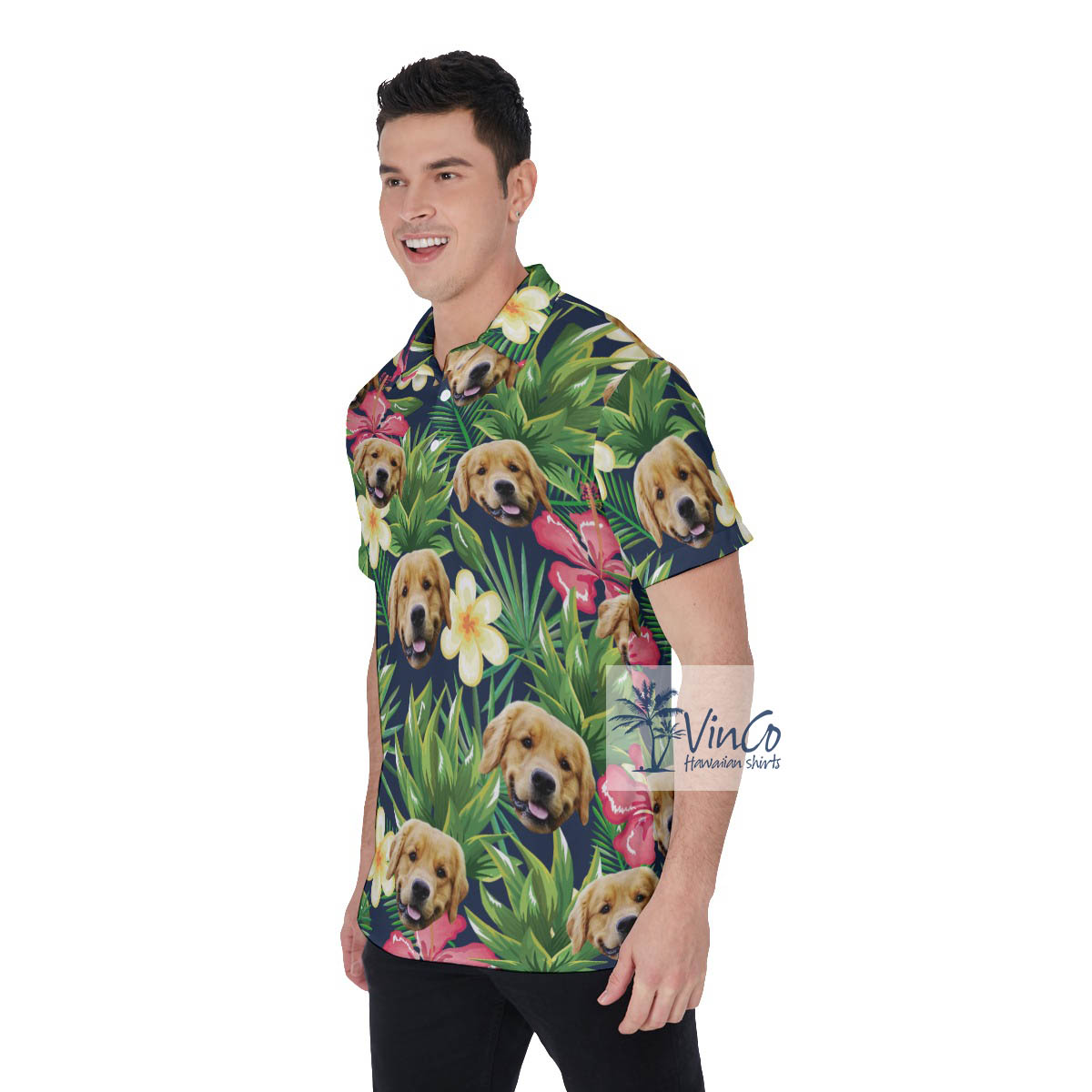 Funny Custom Dog Face Tropical Green Golf Shirt For Men