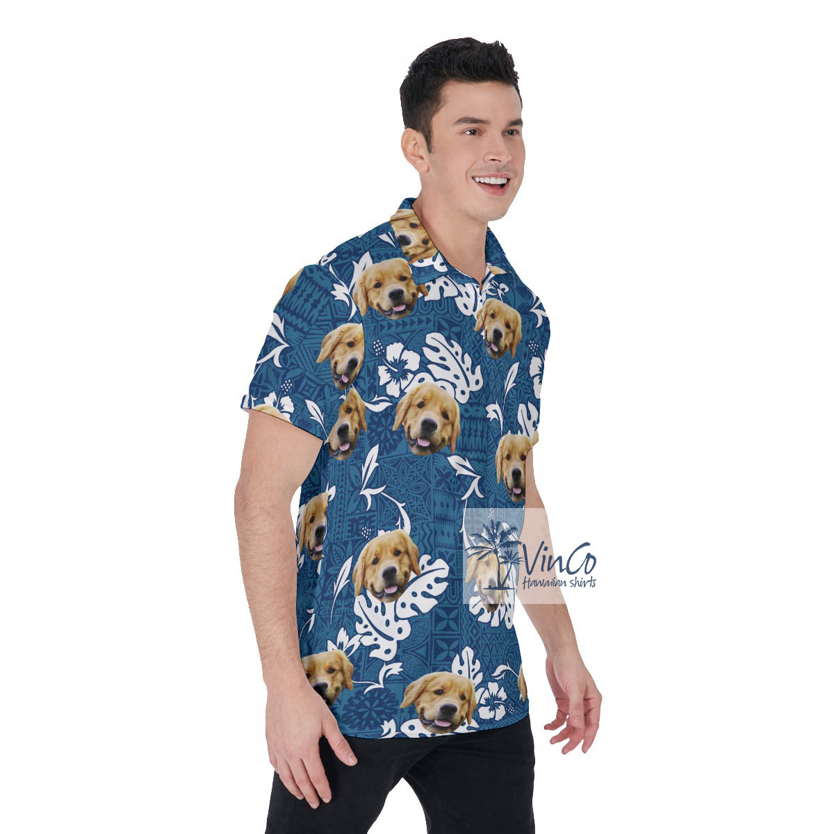 Funny Custom Vintage Hibiscus Hawaiian Polo Shirt With Dog Face