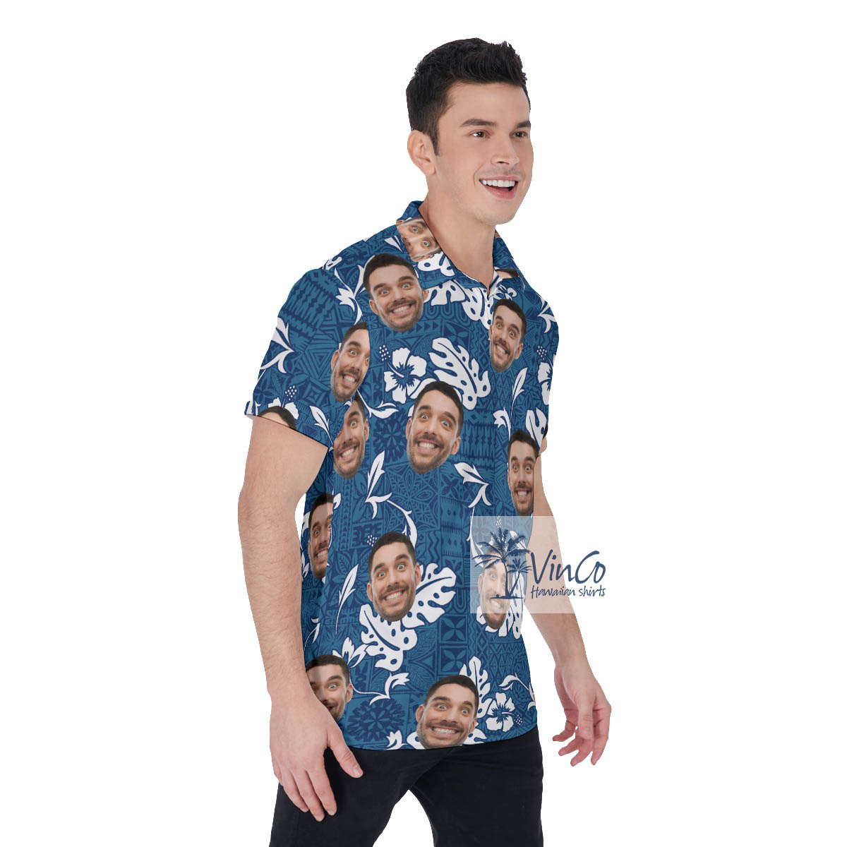 Funny Vintage Navy Hawaiian Polo Shirt With Custom Face