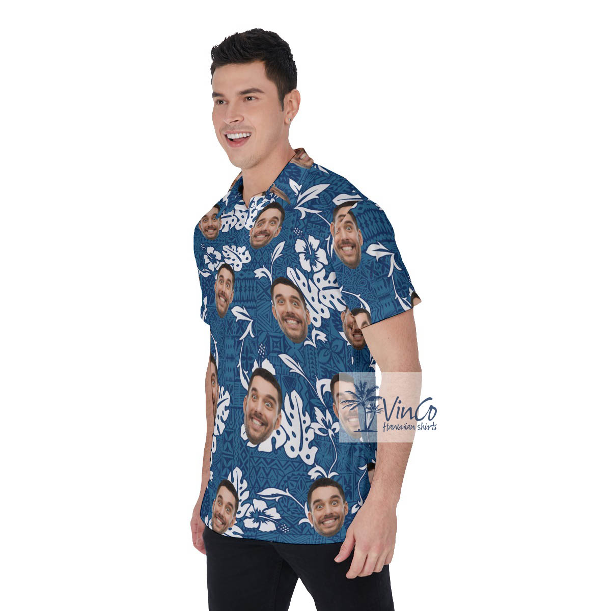 Funny Vintage Navy Hawaiian Polo Shirt With Custom Face