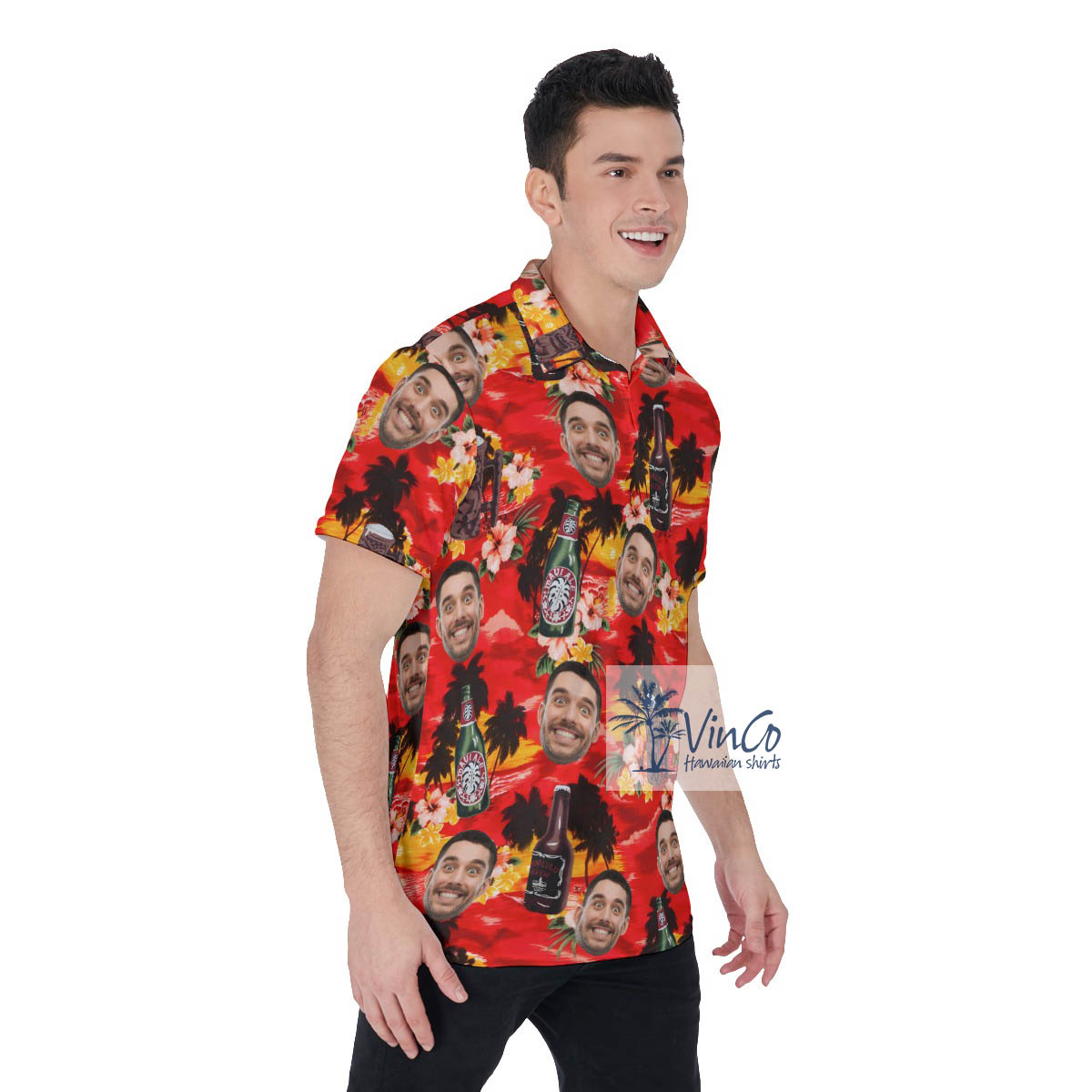 Tropical Sunset Beach Beer Hawaiian Polo Shirt With Custom Face