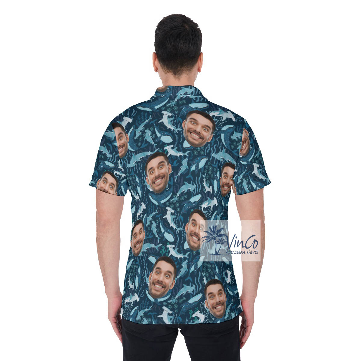 Custom Face Sharks Hawaiian Polo Shirt For Men