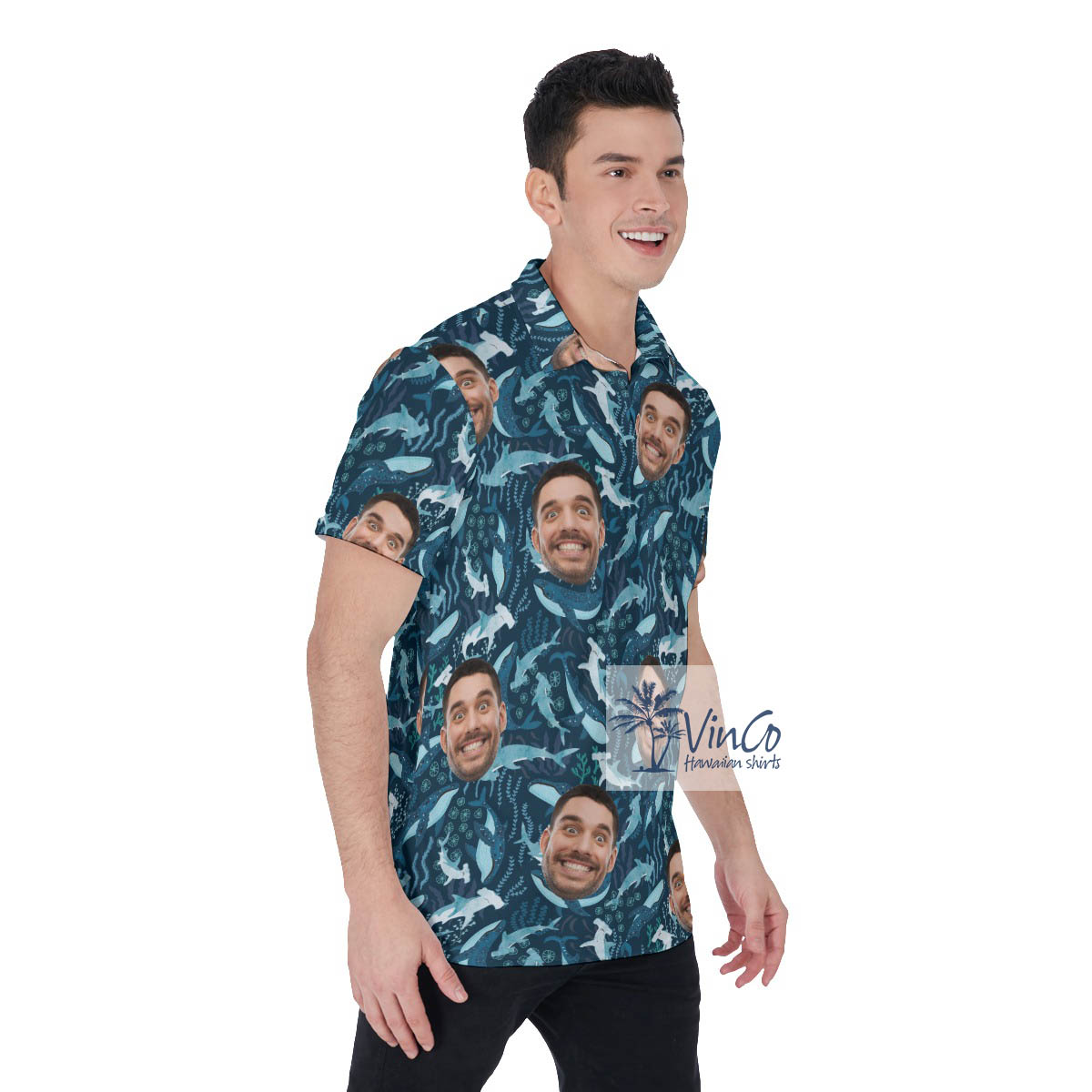Custom Face Sharks Hawaiian Polo Shirt For Men