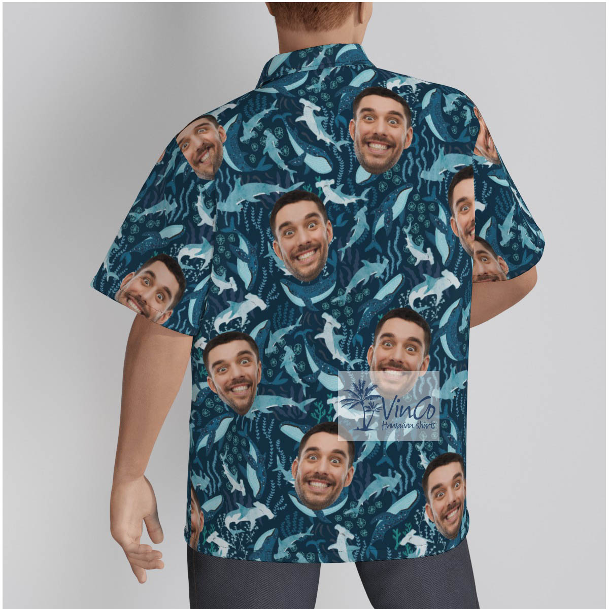 Funny Custom Face Hammerhead Sharks Navy Hawaiian Shirt
