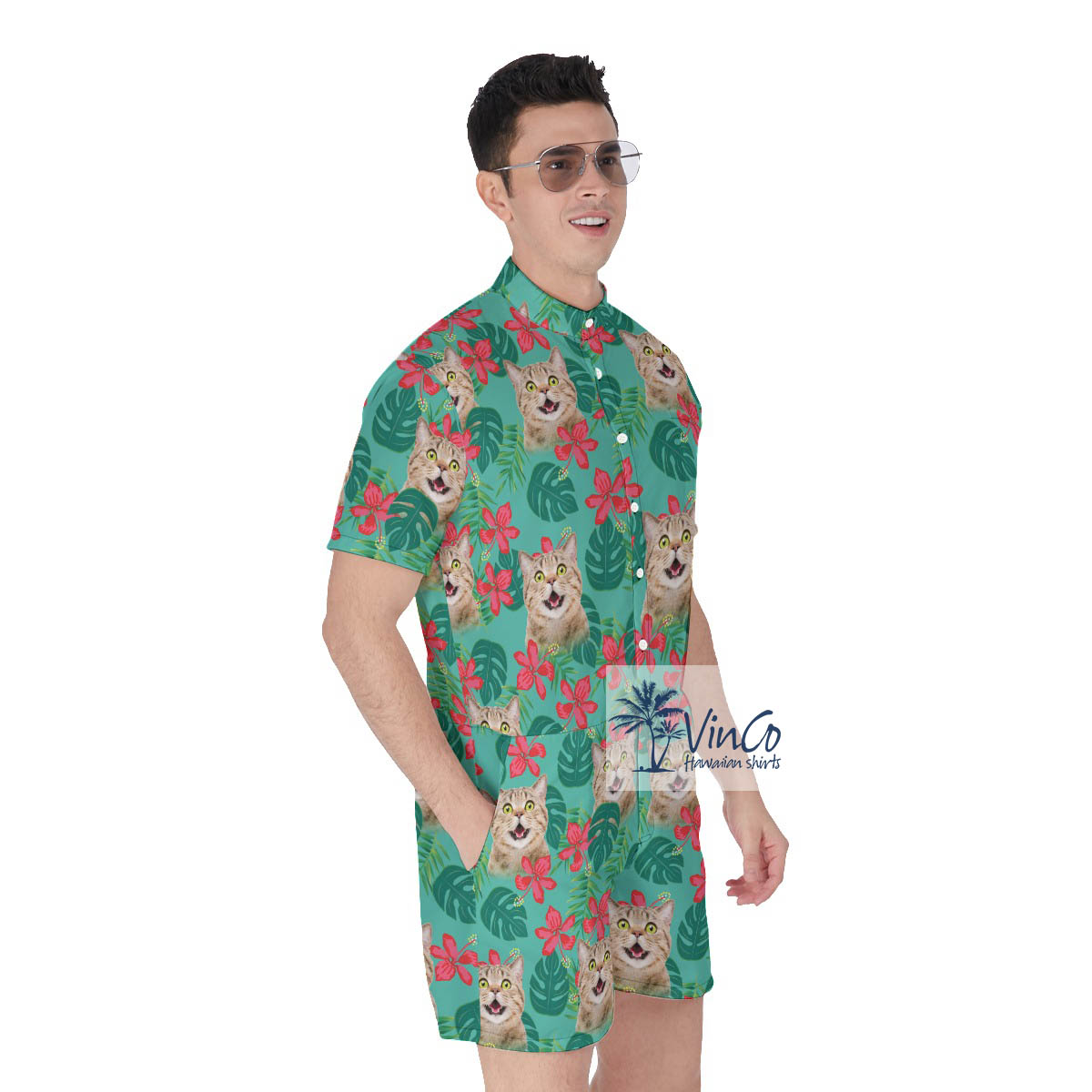 Personalized Custom Cat Faces Hawaiian Romper For Men