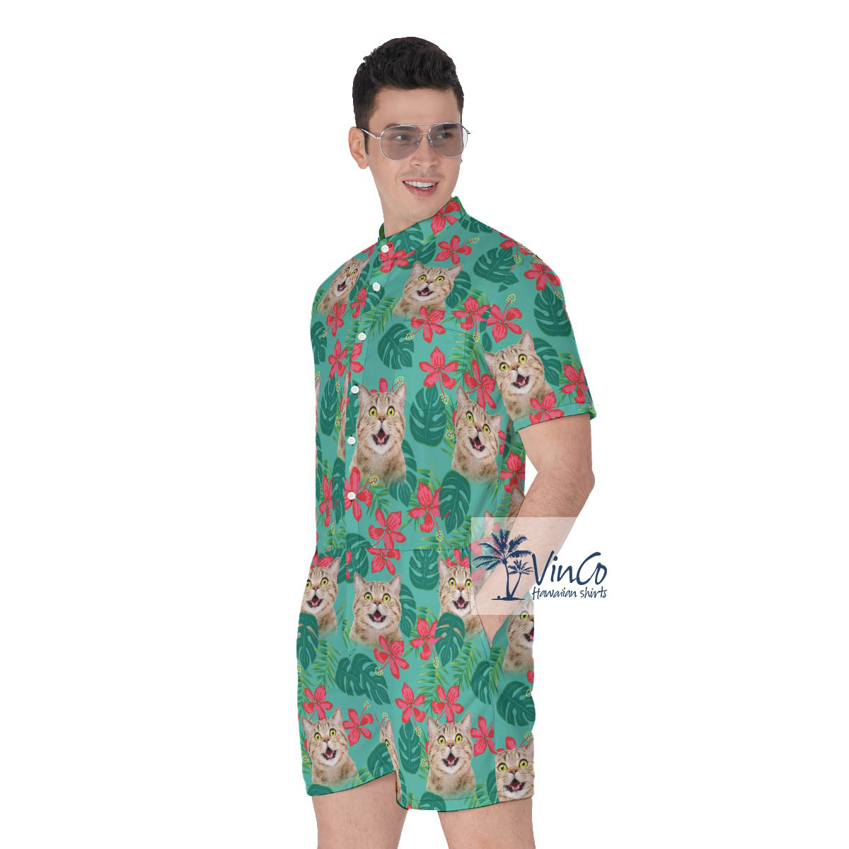 Personalized Custom Cat Faces Hawaiian Romper For Men