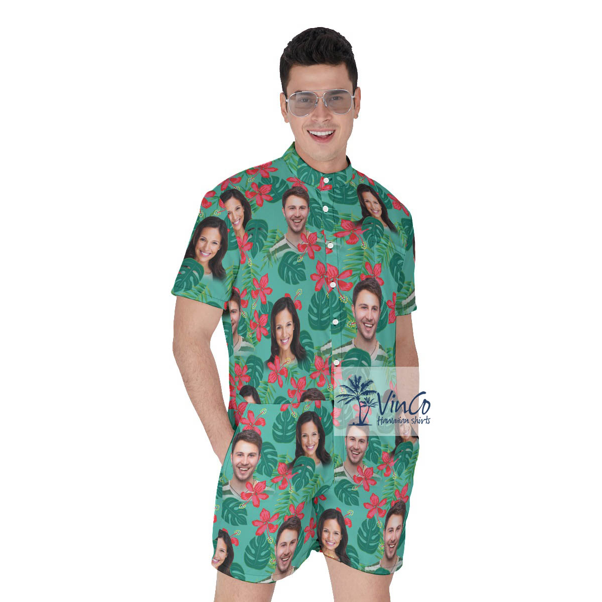 Personalized Photo Couple Faces Floral Summer Romper For Men - variant image 1