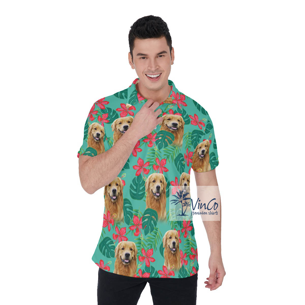 Personalized Pet Face Hawaiian Golf Shirt For Men - variant image 1