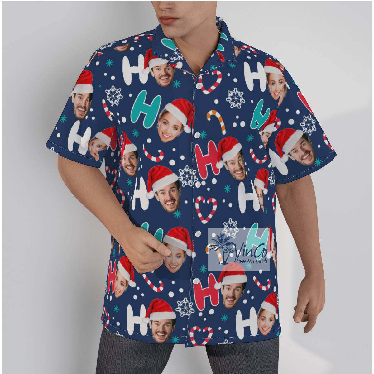 Custom 2 Faces Couple Christmas Hat HO HO HO Xmas Hawaiian Shirt - variant image 1