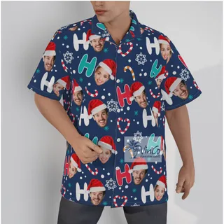 Custom 2 Faces Couple Christmas Hat HO HO HO Xmas Hawaiian Shirt