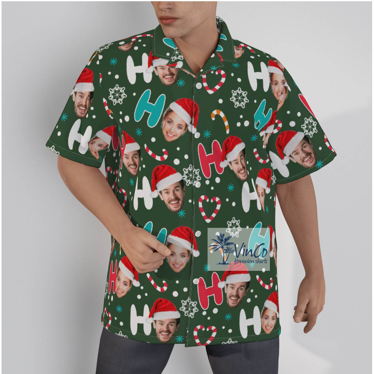 Funny Personalized Christmas Gift Men's Christmas Button Shirt HO HO HO Santa Hat - variant image 1