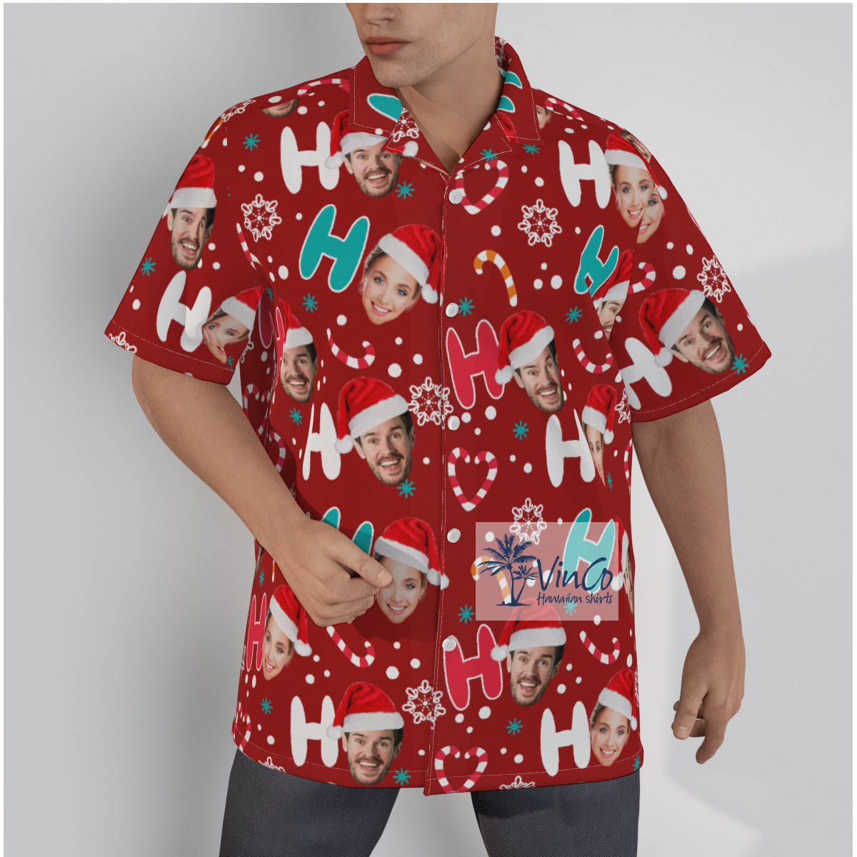 Personalized Santa Faces Ho Ho Ho Christmas Hawaiian Button Up Shirt - variant image 1