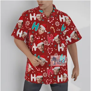 Personalized Santa Faces Ho Ho Ho Christmas Hawaiian Button Up Shirt