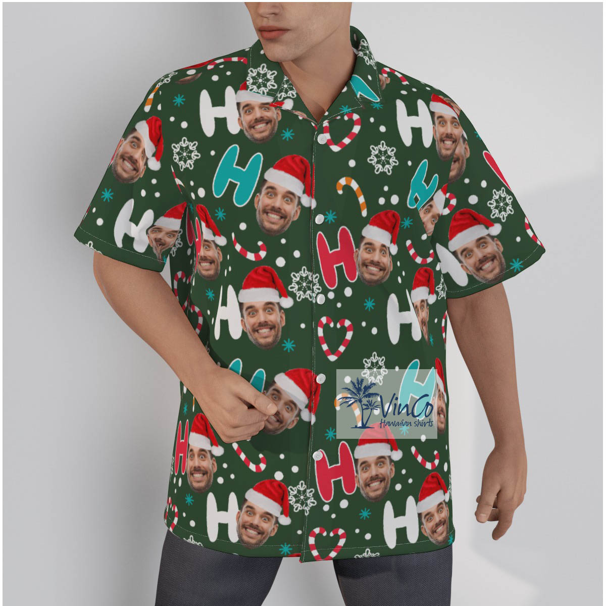Custom Your Photo Faces Ho Ho Ho Christmas Button Up Shirt For Men - variant image 1