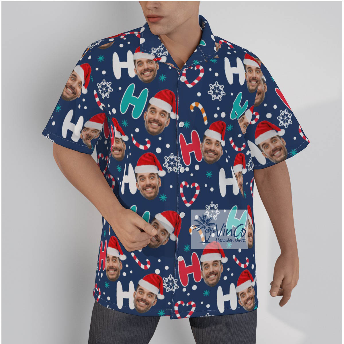 Personalized Santa Face HO HO HO Christmas Shirt Aloha Print For Men - variant image 1