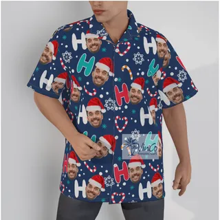 Personalized Santa Face HO HO HO Christmas Shirt Aloha Print For Men