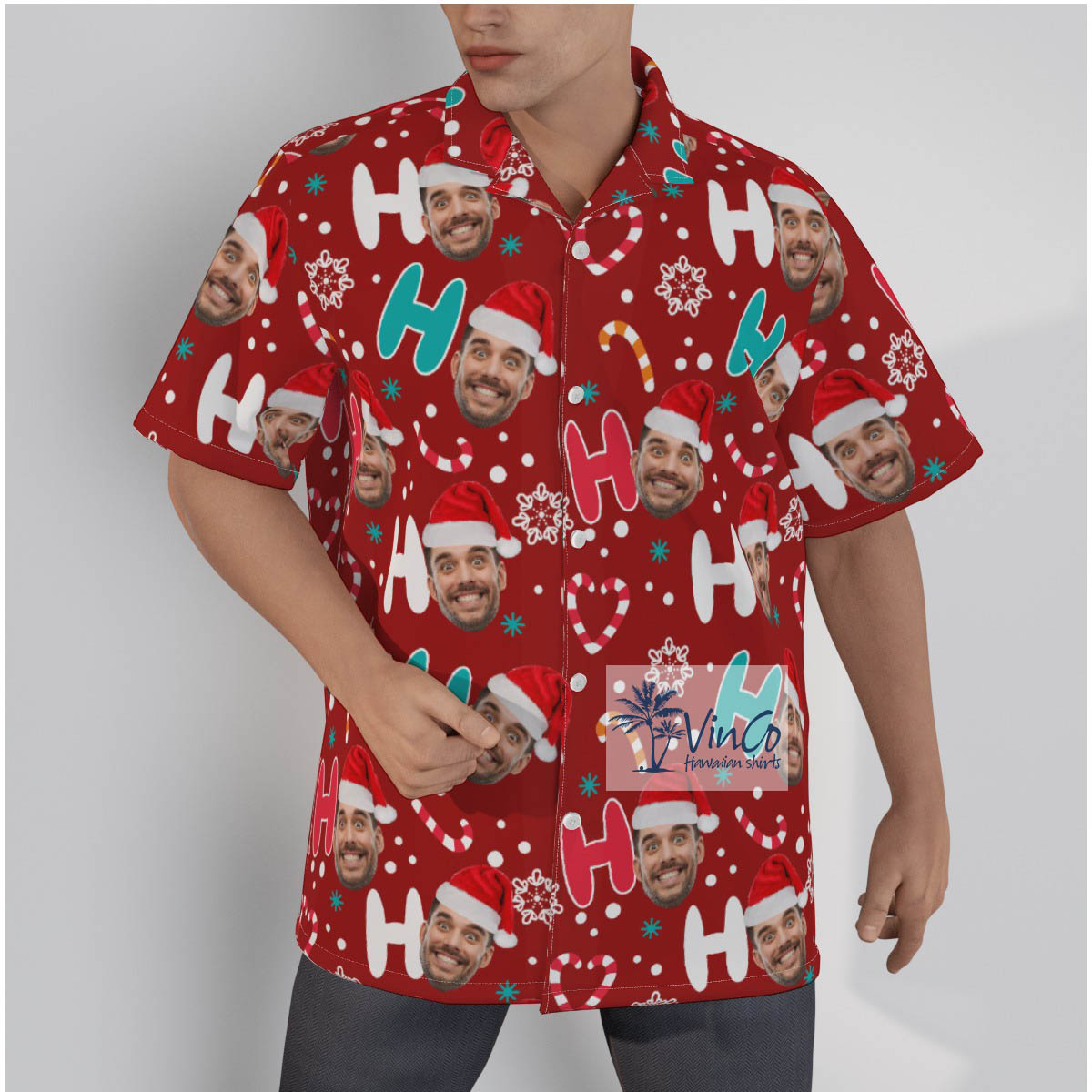 Custom Face Santa Hat HO HO HO Christmas Hawaiian Shirt - variant image 1