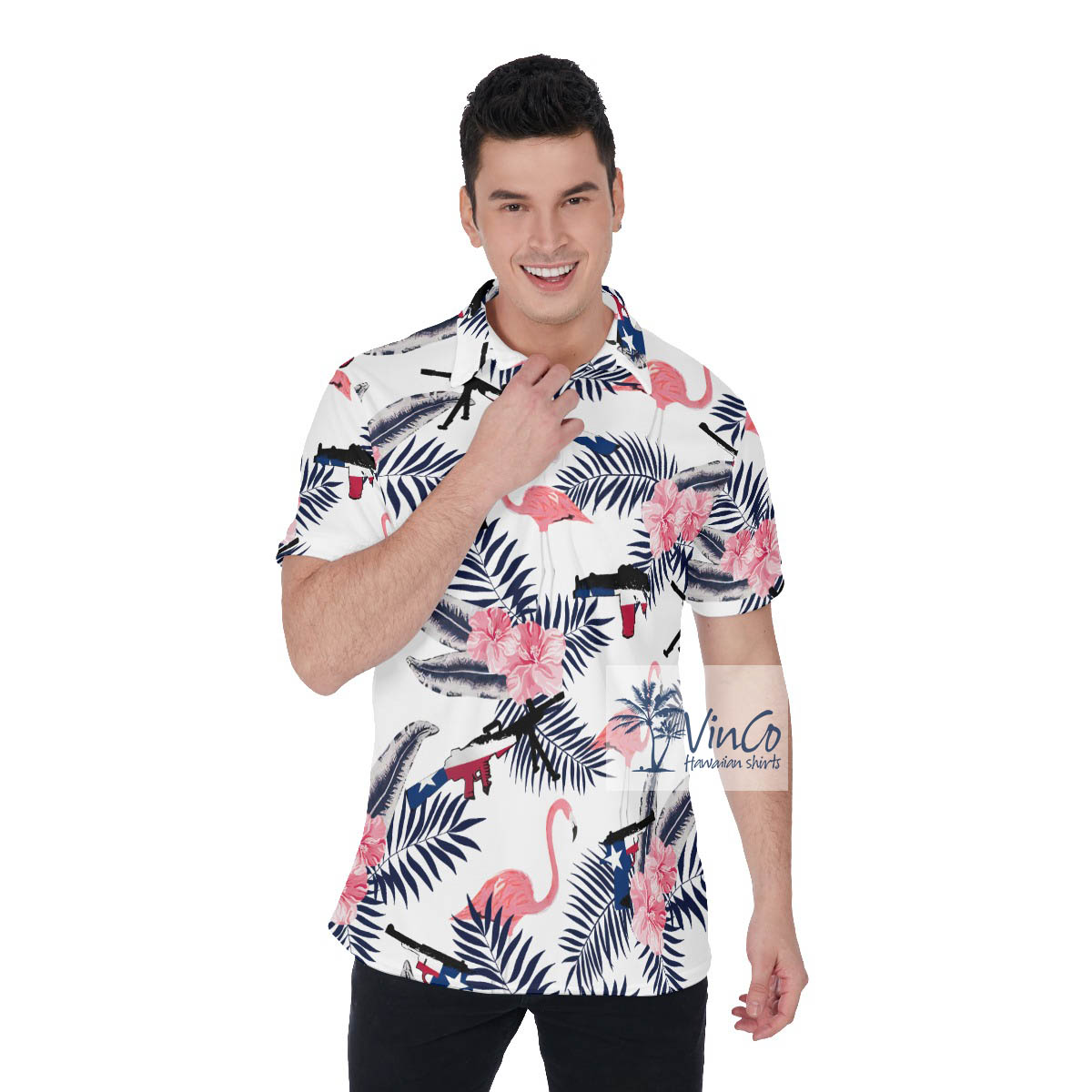 Funny Floral Texas Gun Pink Flamingo Hawaiian Polo Shirt - variant image 1