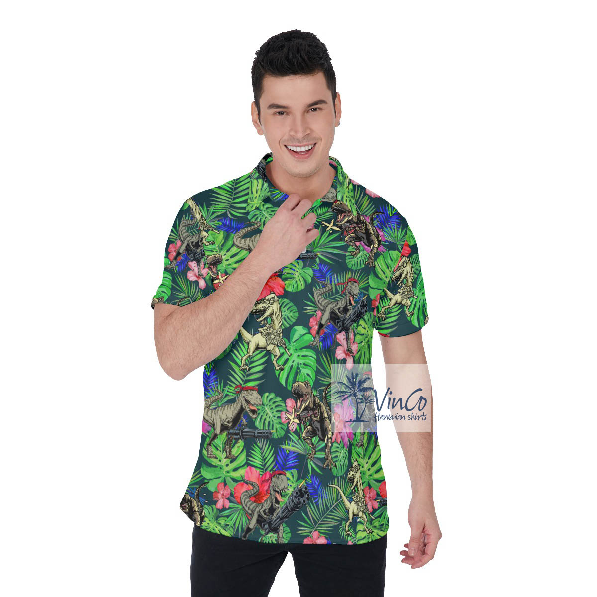 Funny Dinosaur Gun Tactical Hawaiian Polo Shirt - variant image 1