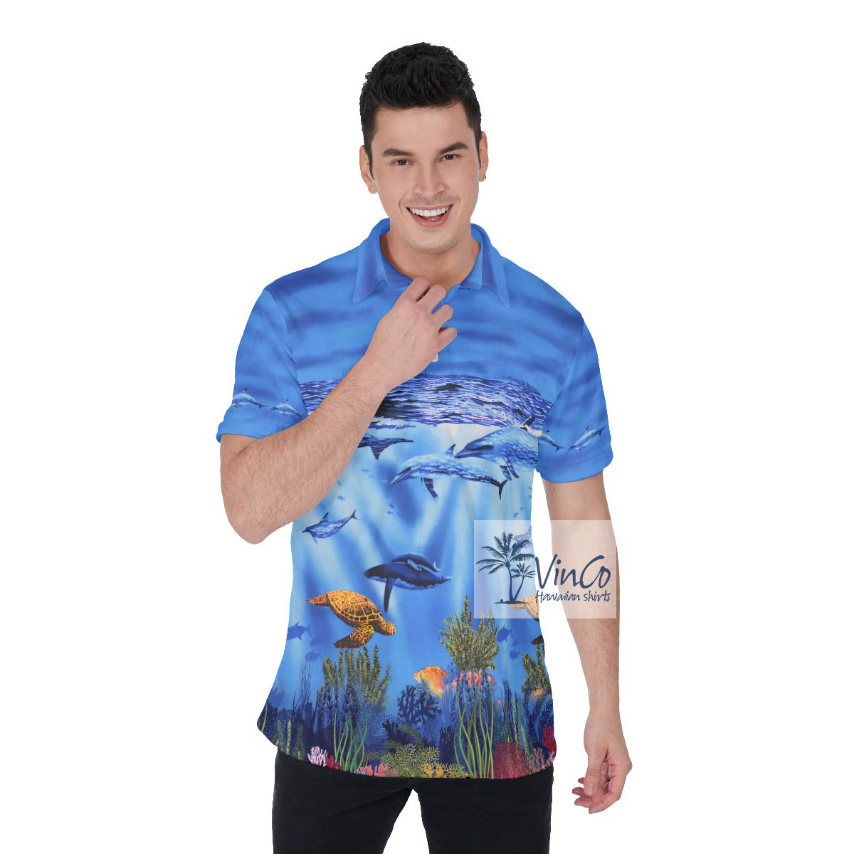 Ocean Creatures Blue Hawaiian Golf Shirt - variant image 1