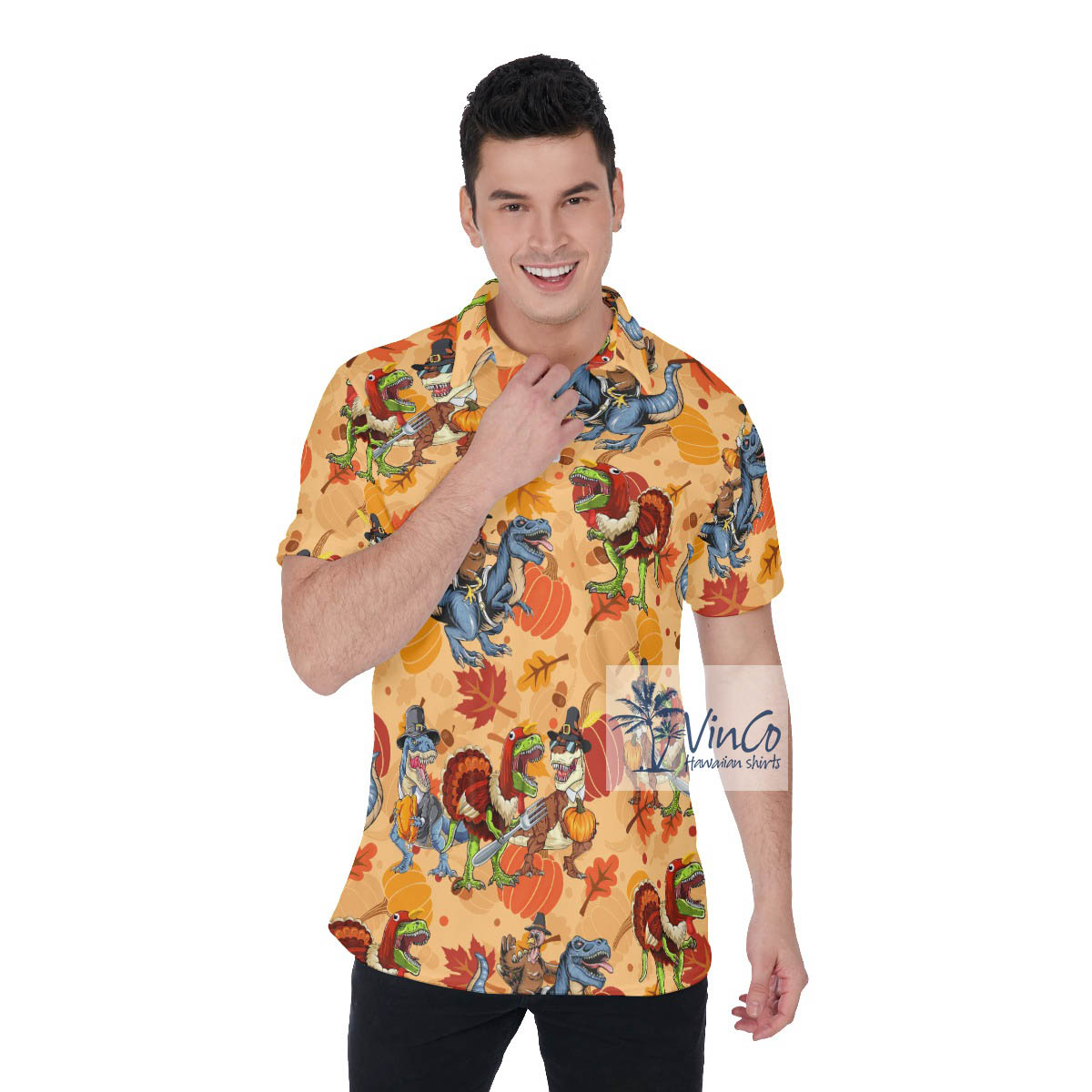 Funny Thanksgiving Dinosaur Hawaiian Polo Shirt - variant image 1