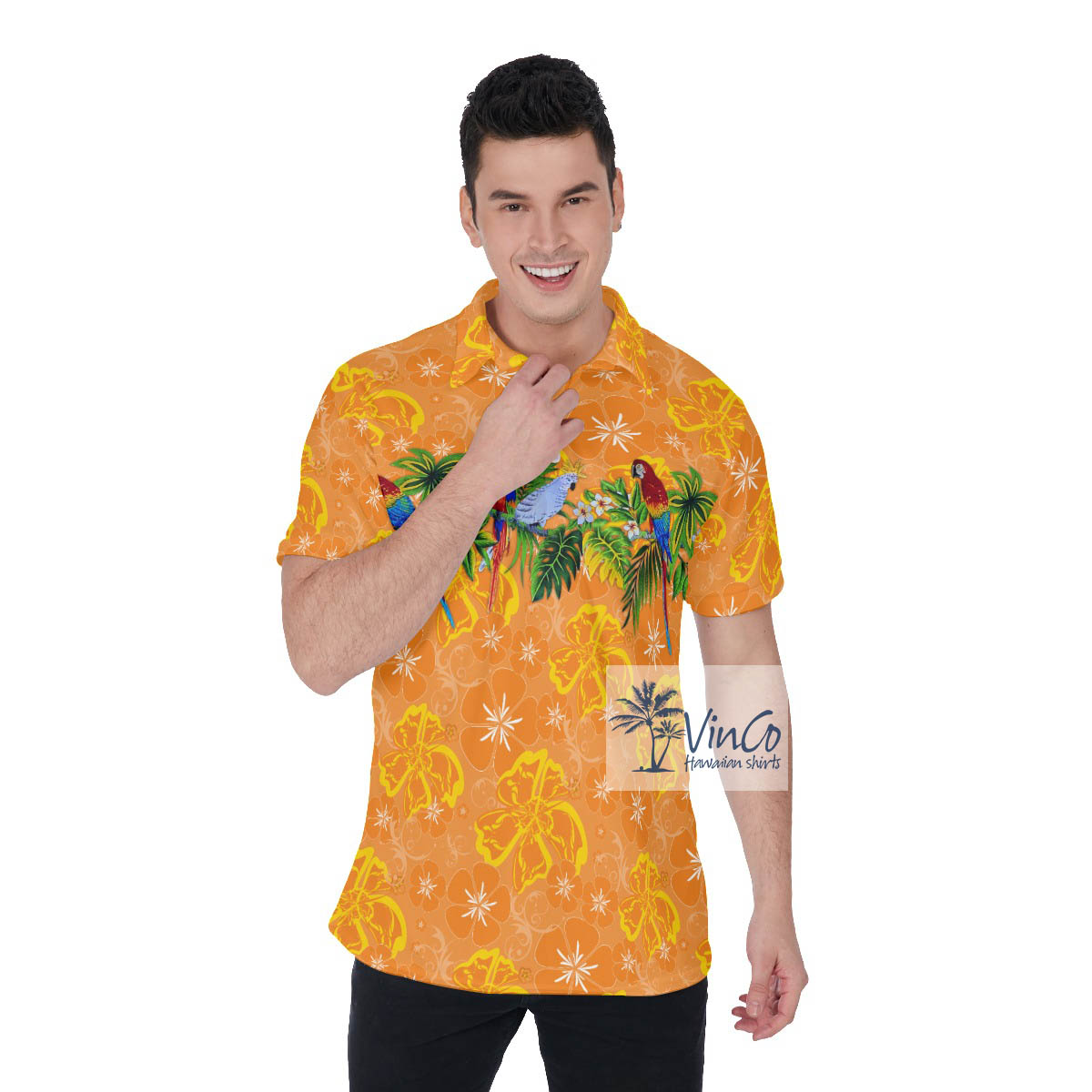 Colorful Parrot Floral Orange Hawaiian Polo Shirt - variant image 1