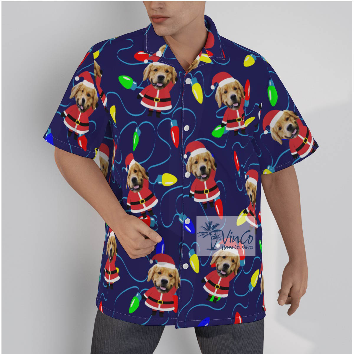Custom Pet Face Santa Christmas Hawaiian Shirt Christmas Light - variant image 1