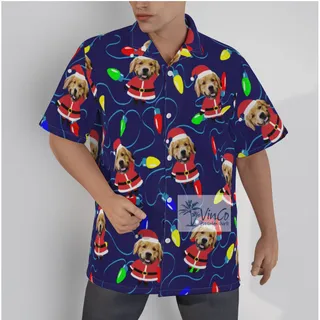 Custom Pet Face Santa Christmas Hawaiian Shirt Christmas Light