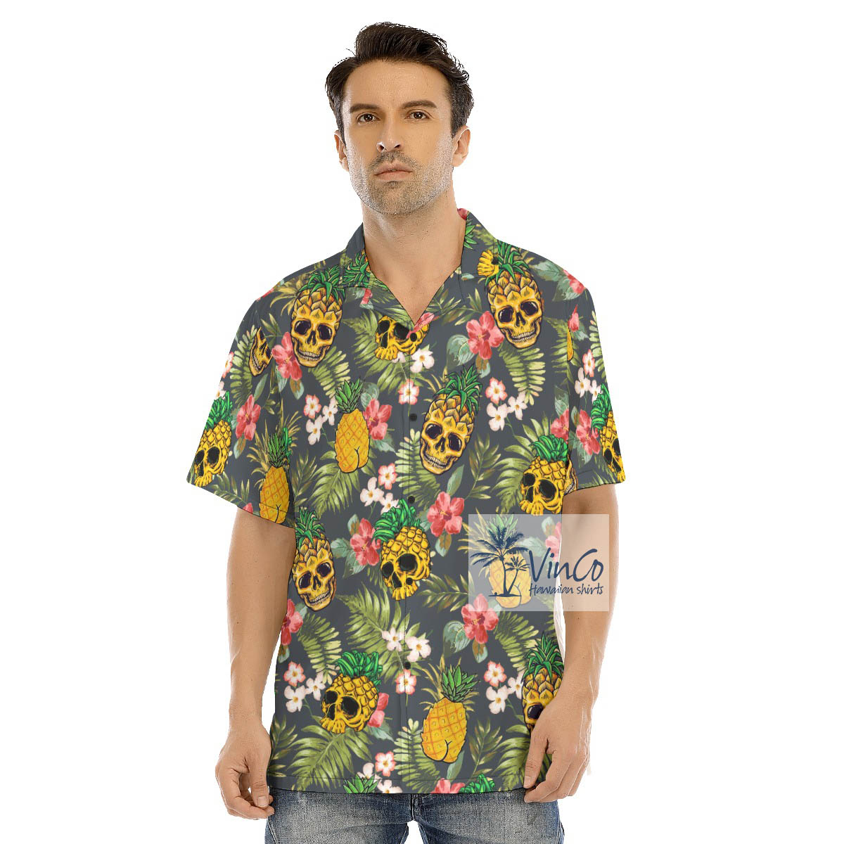 Funny Skull Pineapple Floral Hawaiian Shirt - variant image 1