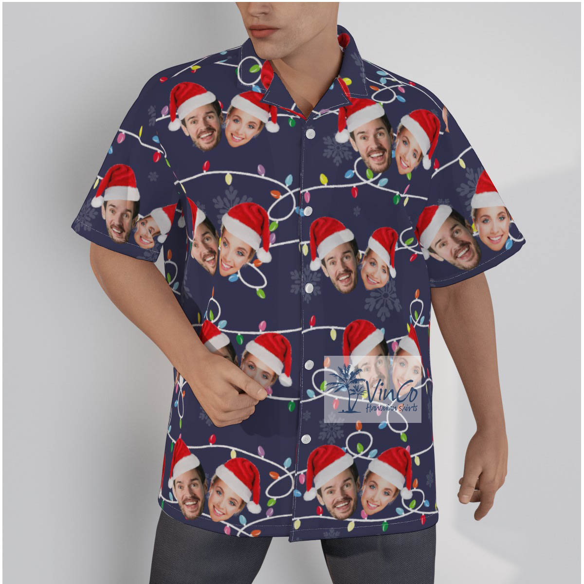 Custom 2 Faces Christmas Hat Xmas Button Up Shirt For Men - variant image 1